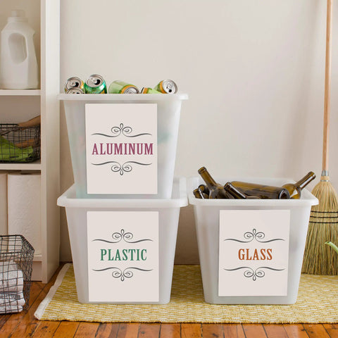 Skip The Headache With No Sweat Full Sheet Printable Shipping Labels, Straight Up 8.5 By 11 Inch Custom White Mailing Stickers, Inkjet Ready True Block Design For Smooth Outbound Delivery And Quick Box Organizing, 25 Sheets on labeled recycling bins for aluminum, plastic, and glass.
