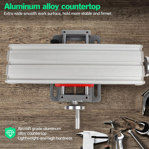 Top view of XY Axis Slide Vise AB8301 Multifunction Cross Worktable for milling with aluminum countertop and tools.