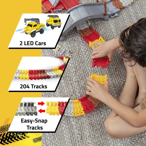 Child assembling Snap Trax Construction Race Track Set For Kids With 2 LED Light Up Cars 251 Piece STEM Building Toys