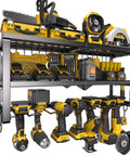 Power Tool Organizer For Gear Storage And Wall Mounted Drill Holder With Screwdriver Organizer For Garage Heavy Duty Metal Tool Shelf With Battery Holder And 320 Pound Load Capacity holding various tools and accessories.