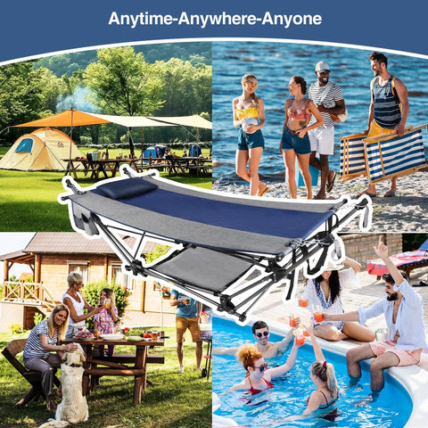 Portable Folding Hammock With Stand Removable Pillow Storage Net Foldable Lounge Camping Bed for Adults Outdoors