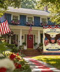 250th Anniversary Fourth Of July Garden Flag With Bald Eagle And American Flags Banner displayed in front of a house