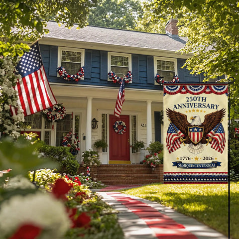 250th Anniversary Fourth Of July Garden Flag With Bald Eagle And American Flags Banner displayed in front of a house