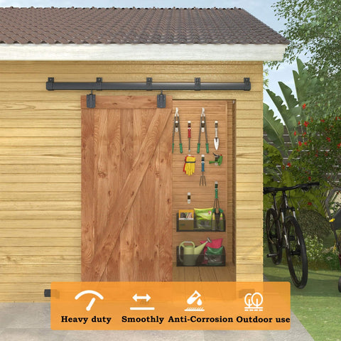 8Ft Black Exterior Barn Door Hardware Kit With Heavy Duty Sliding Rail Track Wall Mount System Includes Five Brackets Supports Up To 450 Lb Doors Galvanized Steel For Durability And Corrosion Resistance Doors Not Included, installed in outdoor setting