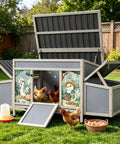 Gray Wooden Chicken Coop With Nesting Boxes And Roosting Bars 59 Inches Large Outdoor Poultry Hutch in backyard with chickens