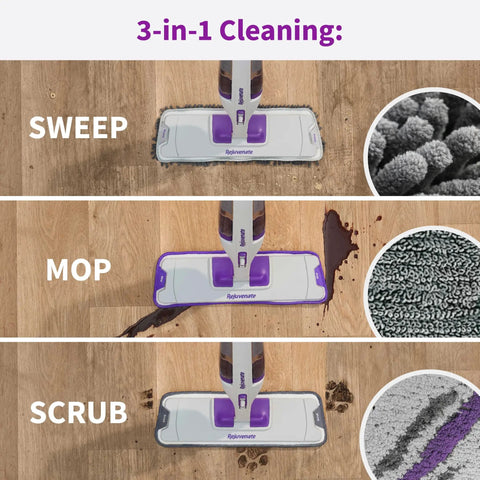 Rejuvenate PowerMax Multi Surface Spray Mop Kit With Cleaner. Includes Reusable Microfiber Sweep And Mop Pads For Deep Cleaning Hardwood Tile Floors. Easy One Hand Operation. Great For Daily Housekeeping Chores And Removing Dirt Grime From All Floor