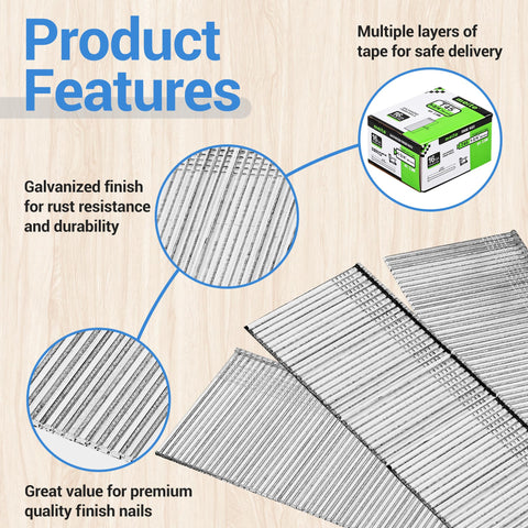 16 Gauge Finish Nails 1-3/4 Inch Galvanized Straight Finish Nails For Finish Nailer In Woodworking Upholstery And Framing Projects 2,500 Count Box Heavy Duty Crush Proof Packaging