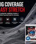 Epic Halloween Fake Spider Webs With 200 Square Feet Of Stretchable Yard Netting And Twenty Realistic Creepy Crawlers For Indoor Outdoor Home Party Decor That Brings Total Goosebumps displayed with spider webbing and four fake spiders.