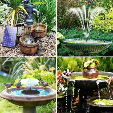 8W Solar Water Pump with Built In 3600mAh Battery Backup for Bird Bath Pond and Garden Water Features in various garden settings