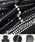 Close-up of Glam Gatsby Era Flapper Dress for Women with sequin fringe, pearls, and rhinestones in black 1920s style