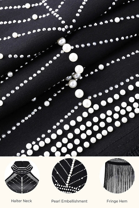 Close-up of Glam Gatsby Era Flapper Dress for Women with sequin fringe, pearls, and rhinestones in black 1920s style