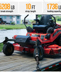 Lawn mower secured with Beefed Up Heavy Duty Ratchet Tie Down Straps Set, 4 Pack 10 Ft By 1.5 In With 5208 Lb Break Strength.