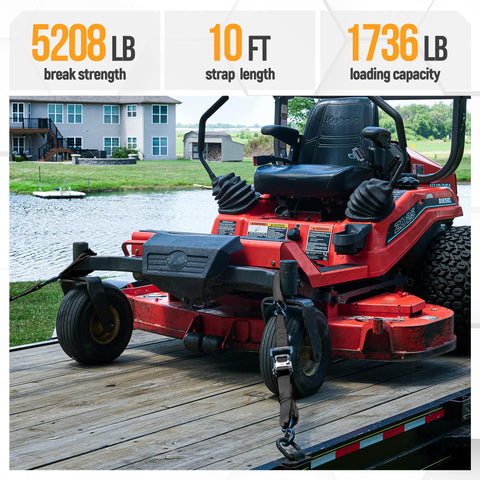 Lawn mower secured with Beefed Up Heavy Duty Ratchet Tie Down Straps Set, 4 Pack 10 Ft By 1.5 In With 5208 Lb Break Strength.