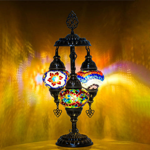 Boho Mosaic Glass Triple Globe Turkish Table Lamp With Handmade Moroccan Lampshade In Purple 21 Inch Tall US Plug And E12 Socket
