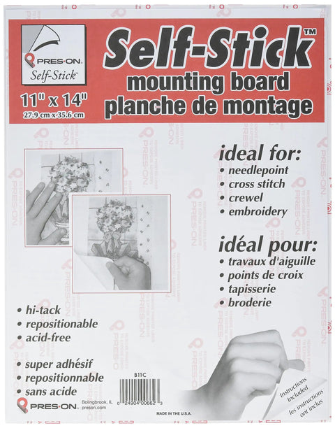 Package of self-stick mounting board, 11x14 inches, showing features for needlepoint and crafts, made in the USA