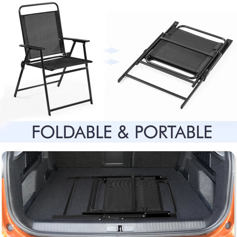 Outdoor Folding Patio Chairs Set Of 4 For The Backyard And Porch, Easy Fold And Portable, shown folded and unfolded in a trunk