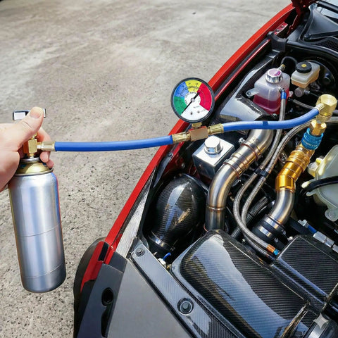 R134A Car AC Refrigerant Recharge Hose Kit With Gauge for Auto Air Conditioning, attached to car engine for freon charging