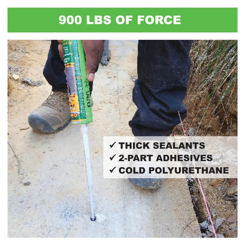 Heavy-Duty B-Line 26 to 1 Manual Caulking Gun for 10 oz Cartridges, 900 Lbf Thrust, used on concrete surface outdoors
