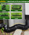 2 Pack Gutter Downspout Extensions 138 Inches With Filter, flexible black corrugated hose, shown installed in various shapes.