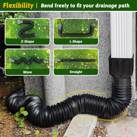 2 Pack Gutter Downspout Extensions 138 Inches With Filter, flexible black corrugated hose, shown installed in various shapes.