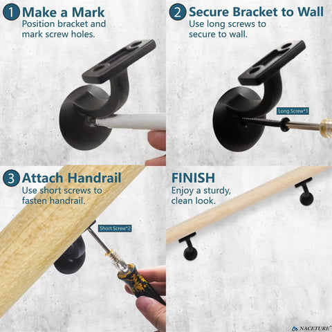 Heavy Duty Handrail Brackets For Stairs 3 Inch Black Metal Wall Mount Supports Tough As Nails Staircase Railing Hardware shown in installation steps.
