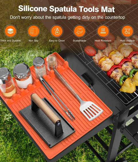 Silicone Grill Mat For Blackstone Griddles With Drip Pad Large Sixteen By Eleven And A Half Inch Tool Organizer Mat Featuring Eight Slots Spatula Holder And Outdoor Kitchen Counter Accessory Dope Gift For Men Bright Orange