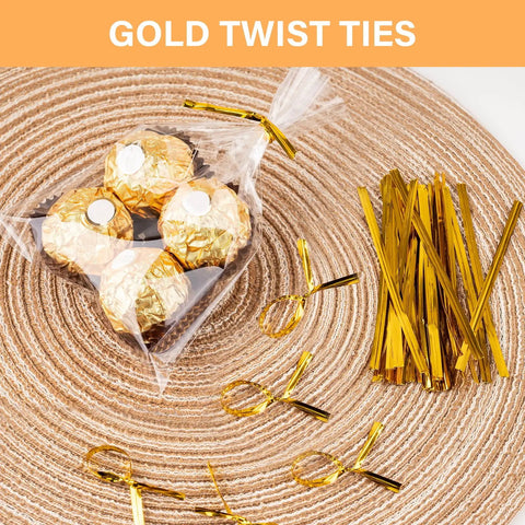 Clear Cellophane Bags 4x6 Inch, 100 Pack With Color Twist Ties for cookies and candies with gold twist ties for party favors
