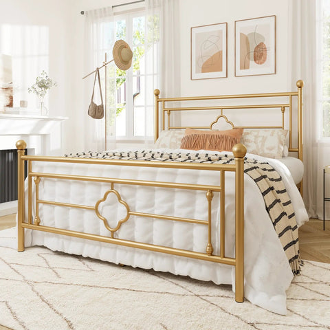 Queen Size Metal Platform Bed Frame Featuring Victorian Headboard With Gold Metallic Finish, stylishly arranged in a bright bedroom.