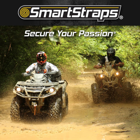 14FT Ratchet Tie Down Straps 4 Pack Featuring Savage 500 Pound Safe Working Load and Quad Winder Design used on ATV moving through muddy trail.