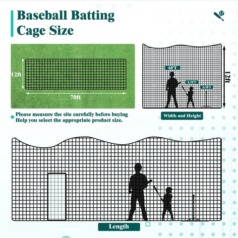Diagram showing 70 Foot Baseball Batting Cage For Backyard Practice With Durable Netting And Frame size dimensions and height comparison.