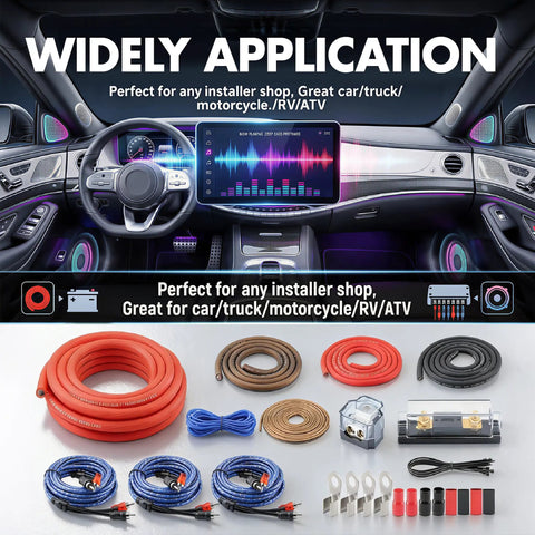 0 Gauge True Dual Amp Wiring Kit With 2000W Power 200A ANL Fuse OFC RCA Cables 14 Gauge Speaker Wire Pre Cut Power And Ground Cables Distribution Block Install Hardware For A High Performance Car Audio System installed in car interior