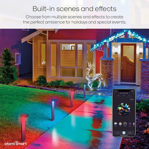 Smart WiFi Pathway Lights Two Pack Extension Kit illuminating pathway with colorful effects, app control screen visible
