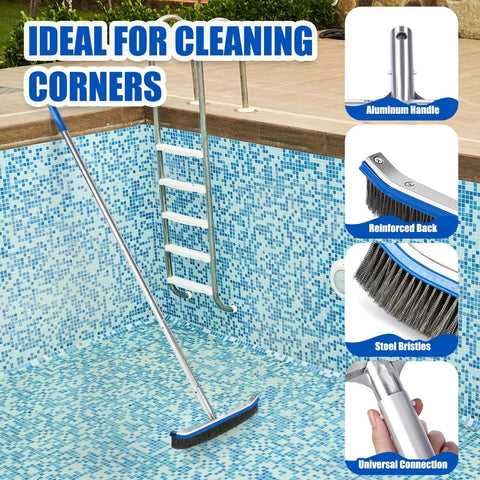 No Fuss Three Piece Pool Cleaning Kit With Skimmer Net, Extendable Aluminum Pole, And Stainless Steel Pool Brush in a pool