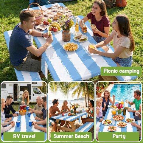 Must Have Outdoor Table Protector Set For 72 Inch Tables And 72 Inch Benches Waterproof Windproof Picnic Table Cover in use.