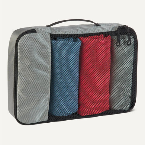 4 Piece Packing Cubes Travel Set That Slashes Luggage Clutter With Space Saving Design, medium gray cube with mesh top