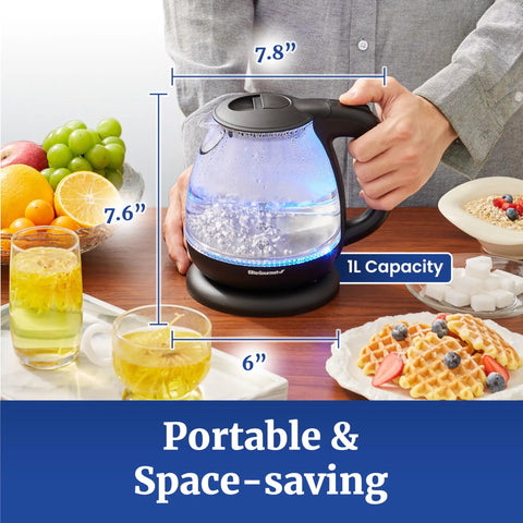 Fast Boil 1 Liter Glass Electric Kettle Cordless 360 Degree Base BPA Free 1100W With Auto Shutoff Blue LED Interior on kitchen counter