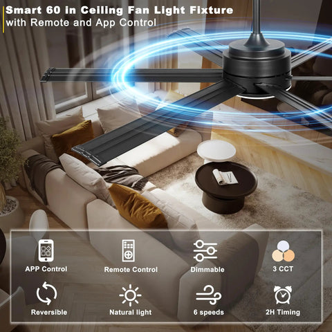 60 Inch Outdoor Ceiling Fan With Lights No Fuss Remote And App Control Dimmable Black Ceiling Fan in a modern living room.