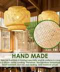 Boho Rattan Pendant Light With Natural Bamboo Lantern Shade Rustic Wicker Chandelier hanging in a cozy wooden interior.