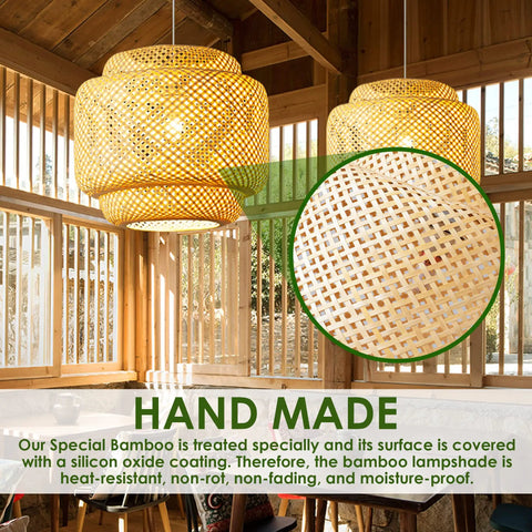 Boho Rattan Pendant Light With Natural Bamboo Lantern Shade Rustic Wicker Chandelier hanging in a cozy wooden interior.