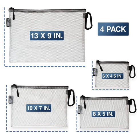 Clear Zipper Pouch Set Four Pack For Cables USB Adapters And Small Tech Gear Grab And Go Travel Organizers with size labels, 4 pack.