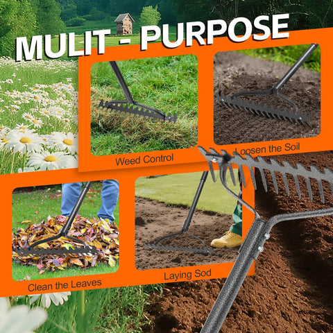 Beefy 63 Inch Heavy Duty Metal Garden Rake With Ergonomic Handle 17 Tines For Loosening Compact Soil, Cleaning Leaves, Laying Sod