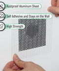 Drywall Patch Kit With 12 Aluminum Patches In 4, 6, And 8 Inch Sizes, Plus 2 Sandpapers And 2 Plastic Scrapers on wall close-up