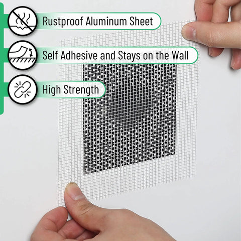 Drywall Patch Kit With 12 Aluminum Patches In 4, 6, And 8 Inch Sizes, Plus 2 Sandpapers And 2 Plastic Scrapers on wall close-up