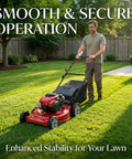 Man mowing lawn with red Toro lawn mower showcasing smooth operation and enhanced stability features.