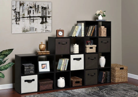 Espresso 4 Cube Organizer Desk With Built In USB Charging Hub And Dual Plug Charger For Home Office with shelves and decor