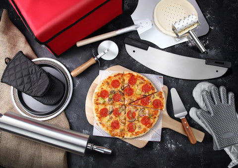 Pro Grade Restaurant Aluminum Pizza Pan 14-Inch Coupe Style Baking Tray Pack Of 6 with pizza and kitchen tools displayed