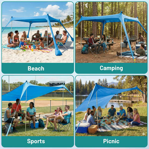 10x10 Ft Beach Sun Shelter Tent With Lycra Canopy Adjustable 2 Or 4 Pole Setup Windproof Shade For Beach Picnic Or Backyard