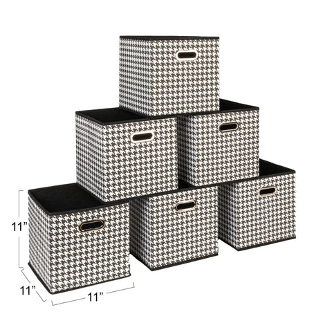 6-Pack Foldable Fabric Storage Bins featuring Fresh Houndstooth Pattern, 11" non-woven cubes for kids rooms.