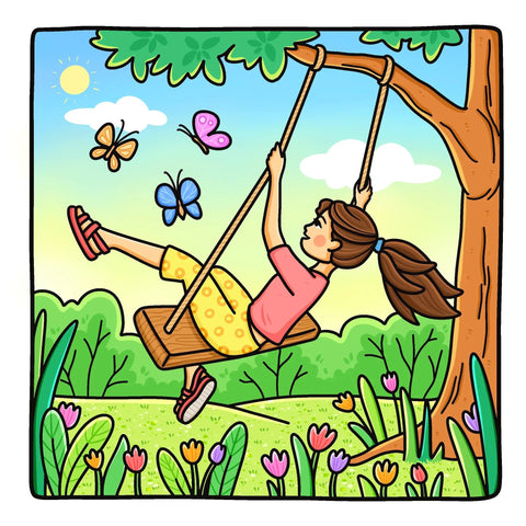 Illustration of a girl on a swing with butterflies, from Coloring Book For Adults And Teens Featuring Cute Girly Scenes For Relaxation.