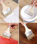 Six Pack Three Inch Chip Paint Brushes With Thick Natural Bristle For Holding More Paint Perfect For Latex Or Oil Based Paints And Stains Delivers Smooth Finish On Walls And Trim With Fewer Streaks, shown applying different paint colors.